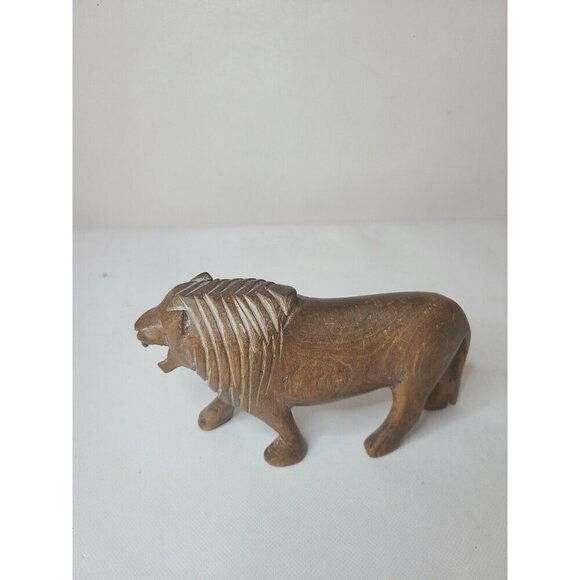 Vintage Brown Hand Carved Wood Roaring Lion Figurine Statue Collectible Animal - Picture 6 of 9